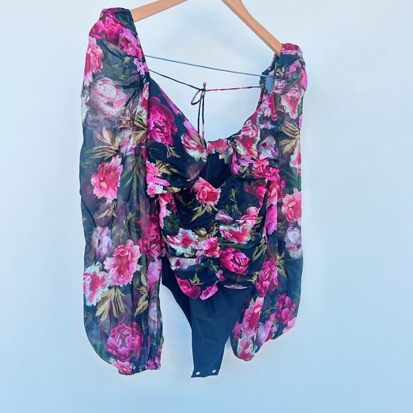 Cami NYC Kimmy Long Sleeve Pink Black Floral Bodysuit Blouse Silk 2 Chiffon - Picture 2 of 12